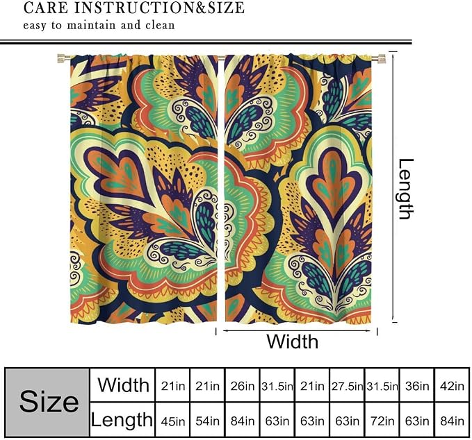 Modern, Minimalist Blackout Curtains; Vintage Bohemian Paisley and Floral Patterns; for Bedrooms, Living Rooms, and Kitchens55X63 Inch