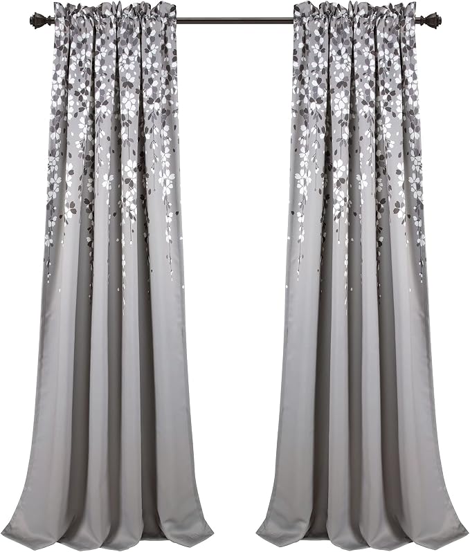 Lush Decor Weeping Flower Light Filtering Window Curtain Panels, Pair, 52"W x 84"L + 2" Header, Gray - Charming Modern Floral Curtains for Living Room, Dining Room, & Bedroom