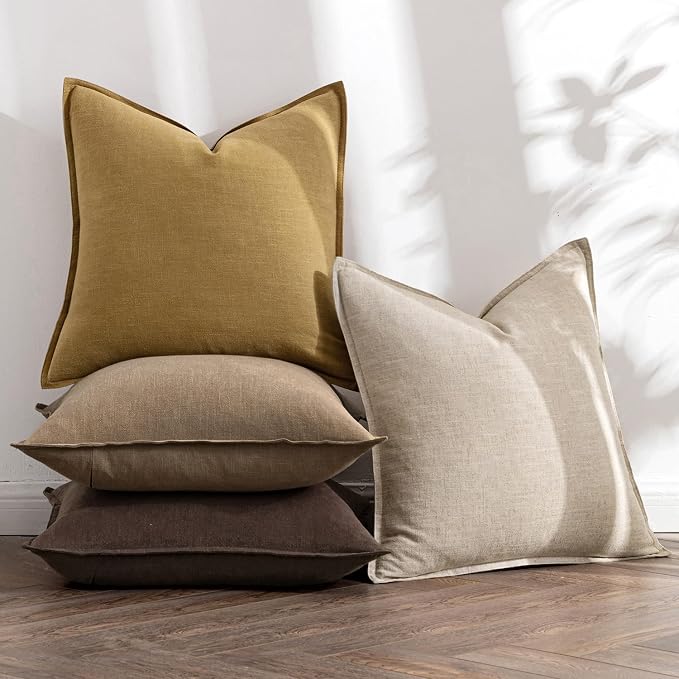 MIULEE Neutral Gold/Brown Boho Linen Pillow Covers 18x18 Inch Pack of 4 | Natural Decorative Throw Pillow Covers Soft Farmhouse Couch Pillowcases Modern Decor for Living Room Bed Sofa