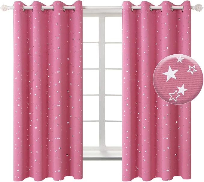 BGment Pink Star Blackout Curtains for Kid's Bedroom - Grommet Thermal Insulated Room Darkening Printed Curtains for Girl Room, Set of 2 Panels, 46 x 63 Inch