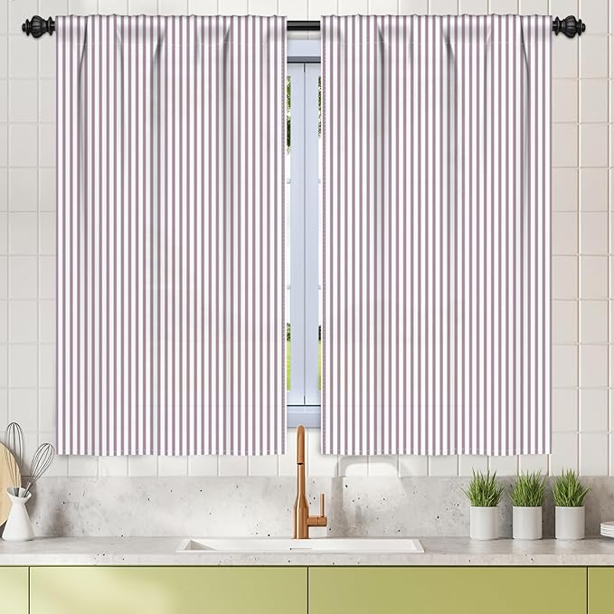 Renaiss 42 x 54 Inch Striped Kitchen Curtains for Windows Short Linen Texture Ticking Stripe Tier Curtains Small for Cafe Bathroom Basement Pinstripe Farmhouse Rod Pocket Window Drapes 2 Panels