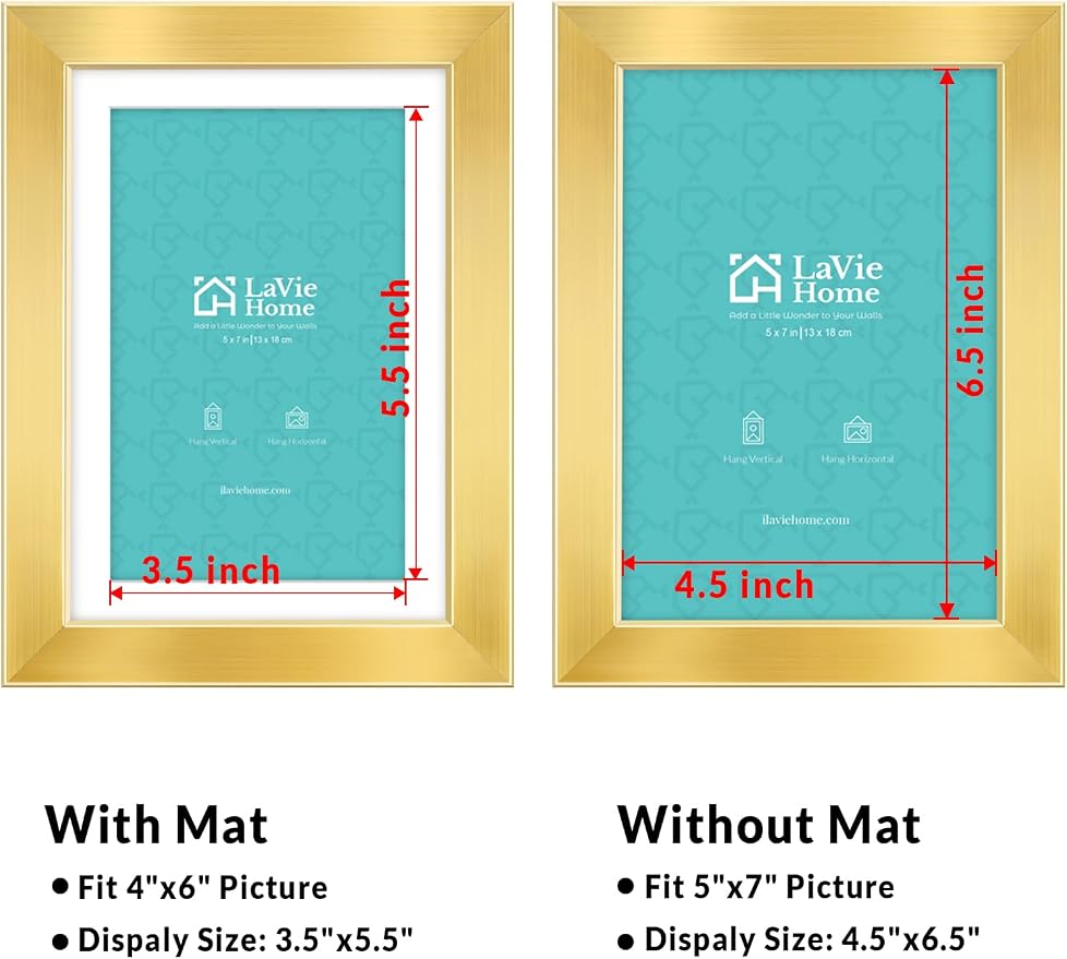LaVie Home 5x7 Picture Frame Gold, 5 x 7 Frame with High Definition Plexiglass, Horizontal or Vertical Wall Wood Gallery Picture Frames Suitable for Small Picture, 1pc