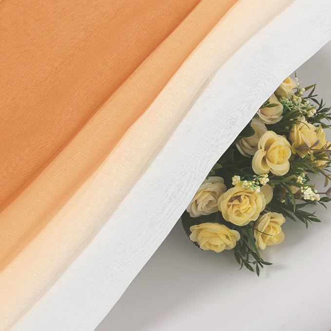 DWCN Orange Faux Linen Ombre Sheer Curtains - 84 inches Long Autumn Gradient Semi Voile Curtains for Bedroom and Living Room, Set of 2 Grommet Top Window Curtains, 52 x 84 Inches Long, Sunset Orange