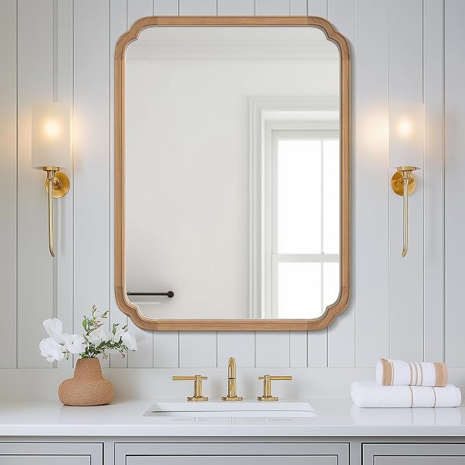 WallBeyond 28" x 40" Rounded Corner Arch Wall Mirror with Wood Frame for Entryway, Living Room or Bedroom Home Decor - Light Woodgrain [28 x 40 inches, Honey-Colored]