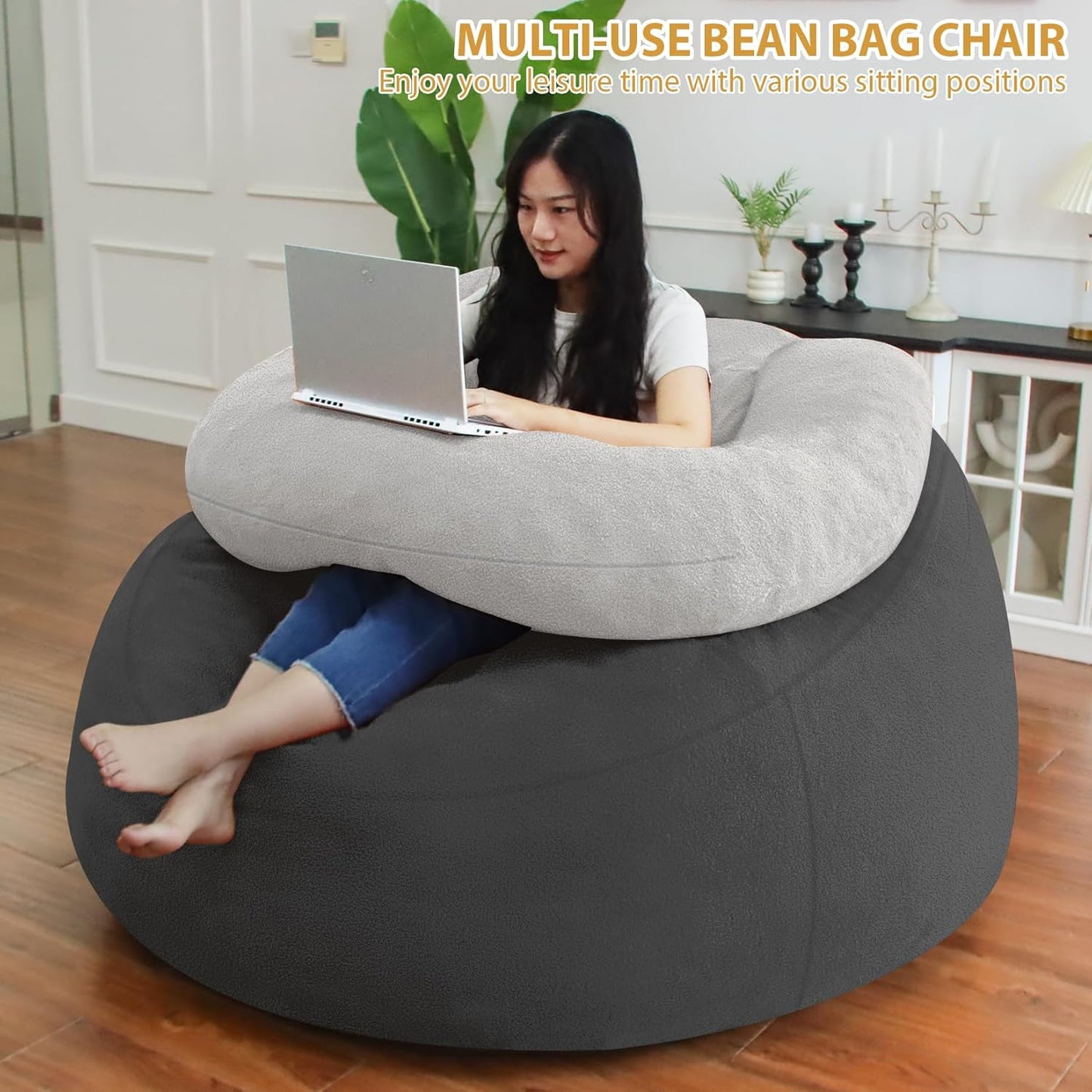HABUTWAY Bean Bag Chair with U-Shaped Pillow for Adult and Kids Big BeanBag Chair with Filling Ultra Soft Teddy Fleece Couch Chair with Washable Cover for Living Room Bedroom, Dark Grey & Light Grey