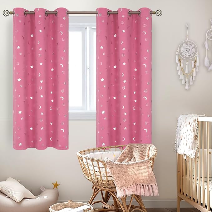 BGment Pink Curtains for Girls Bedroom, Star and Moon Blackout Curtains for Kids Babys Room 63 Inch Long, Thermal Insulated Room Darkening Window Drapes with Grommet for Nursery, 2 Panels, 42 Wide