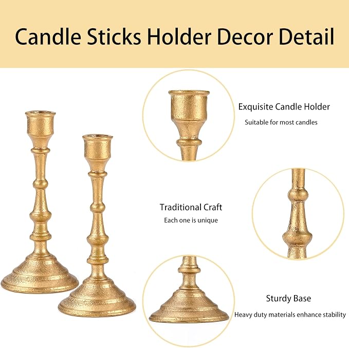 Antique Brass Candle Holders Set of 2 – Heavy Duty Cast Iron Candle Stick Holder for Table Centerpiece Home Decor Gift