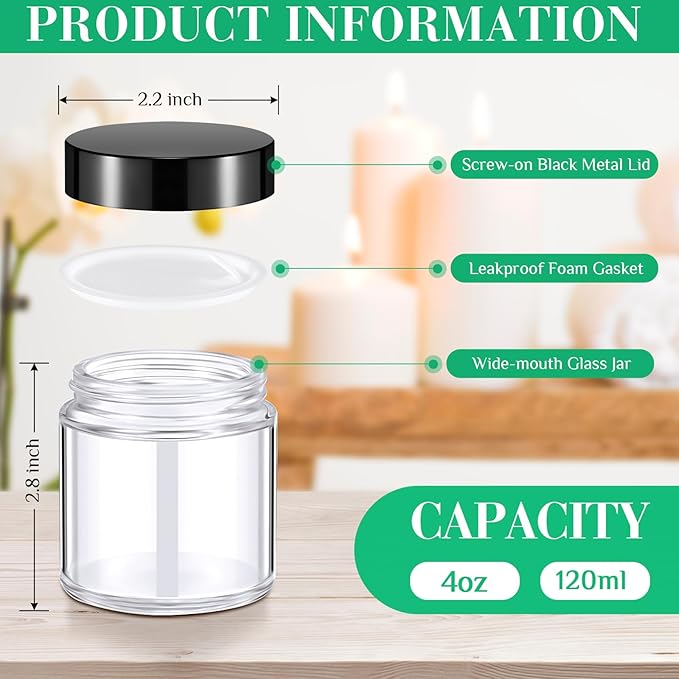 Norme 4 oz Glass Jars with Lids Leakproof Round Airtight Empty Cosmetic Jars with Inner Liners Lid for Storing Lotions Powder Ointments Making Tins(24 Pcs,Black, Clear)