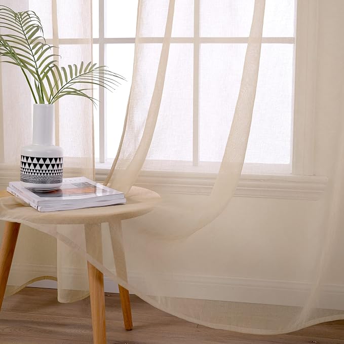 MIULEE 2 Panels Beige Semi Sheer Window Curtains Elegant Grommet Top Window Voile Drapes/Treatment Linen Textured Panels for Bedroom Living Room (54X63 Inches)