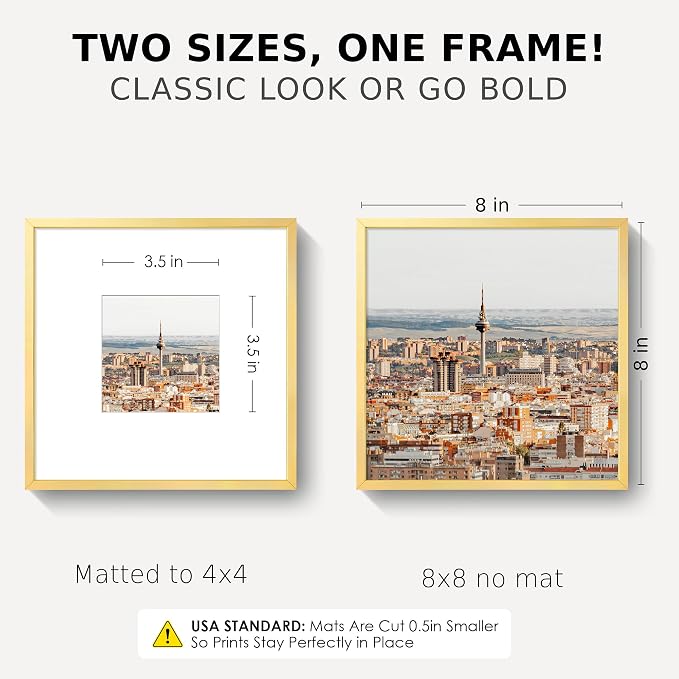 8x8 Square Picture Frame for 4x4 Photo, Minimalist Aluminum Frame, Gold | Elegant Gold Square Frame with 4x4 Opening for Wall Display, Tabletop, or Gallery Wall | Wall Kit Included