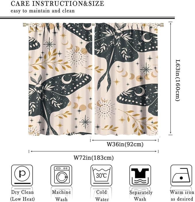 Witchy Curtains, Goth Curtains, Moth Decor, Star Curtains, Moth Curtains Darkening Curtains Botanical Curtains for Bedroom Living Room W72xL63 Inch