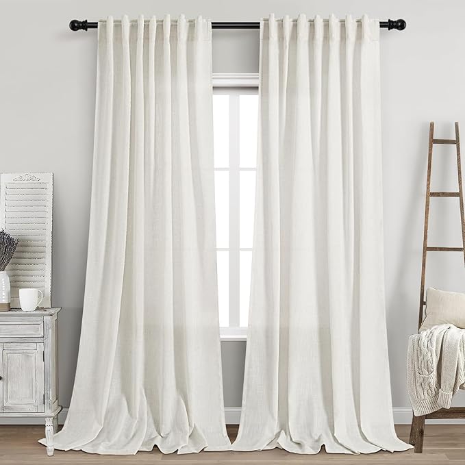 Nanspring Beige White Linen Curtains for Living Room 94 Inches Long Back Tab and Rod Pocket Light Filtering Semi Sheer Curtain Rustic Farmhouse Decor Luxury Drapes for Bedroom Office 52x94, 2 Panels
