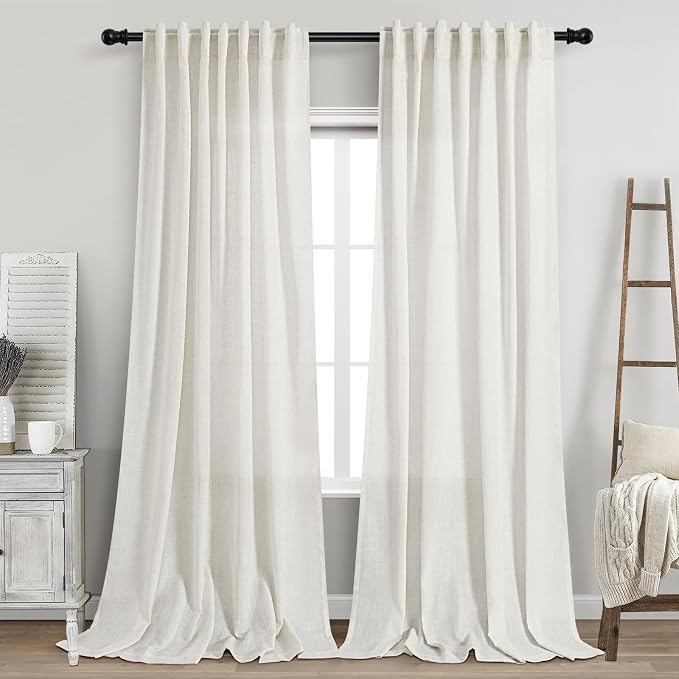 Beige White Linen Curtains 100 Inch Long for Bedroom Back Tab Filters Light Ensures Privacy Transparent Beige White Curtains Modern Farmhouse Coastal Decor Living Room Cotton Textured