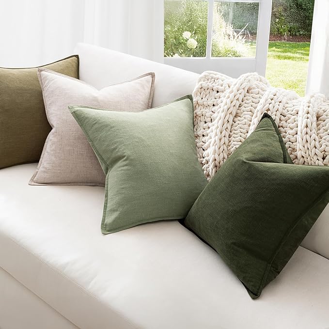 MIULEE Green and White Boho Linen Pillow Covers 20x20 Inch Pack of 4 | Natural Throw Pillow Covers Soft Farmhouse Couch Pillowcases Modern Decor for Living Room Bed Sofa