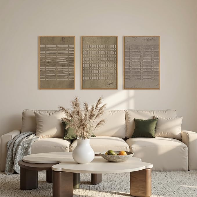 Large Abstract Brown Beige Framed Canvas Wall Art,Modern Lines Dots Wall Decor,Boho Neutral Minimalist Artwork,Mid Century Geometric Art Print for Living Room,Bedroom,Office- 24"x36"x3
