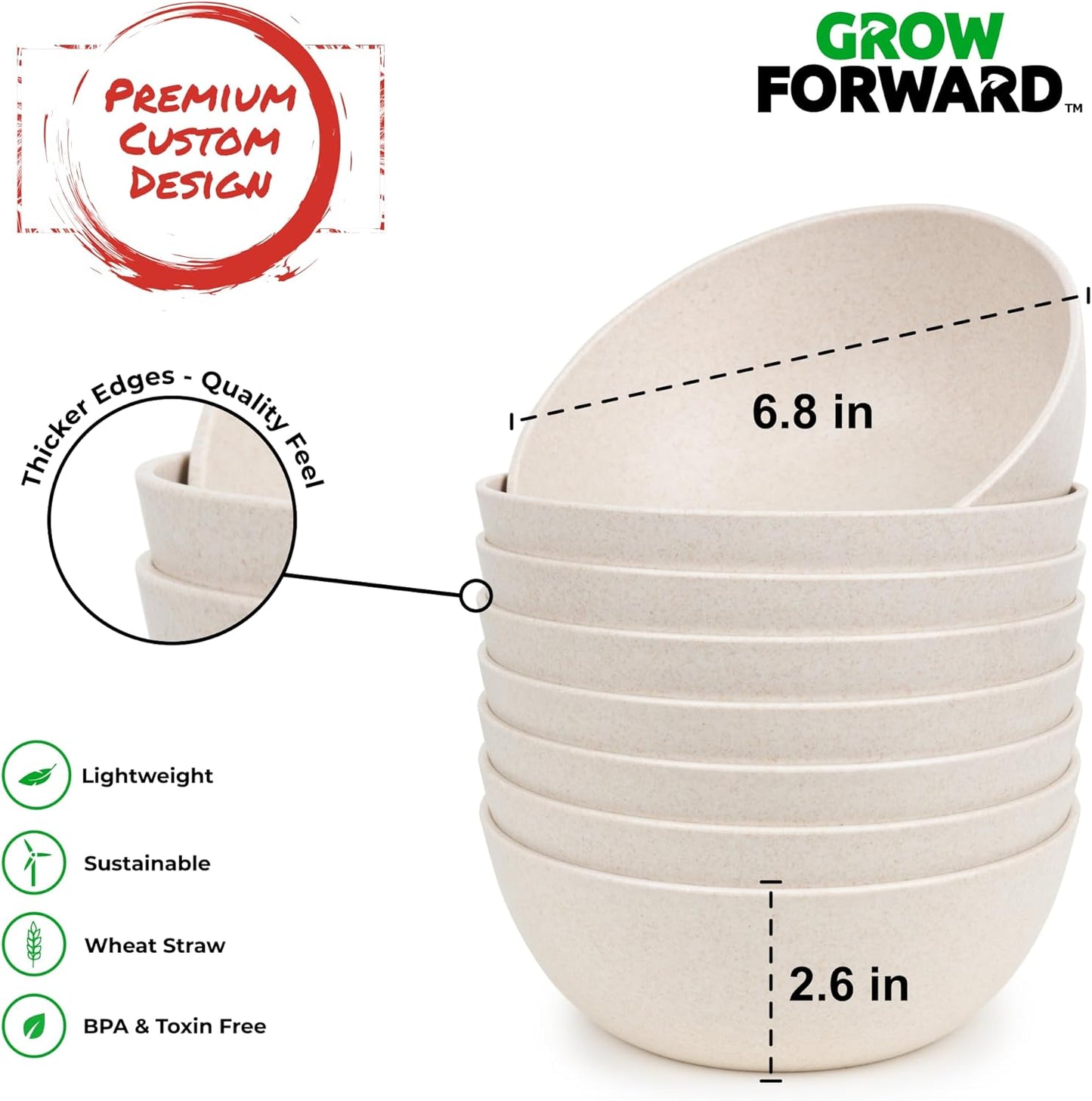 Grow Forward Premium Wheat Straw Bowls - 34oz Microwave Safe Plastic Cereal Bowls Set of 8 for Kitchen, Camping, RV, Dessert, Snack, Soup, Salad, Fruit - Reusable, Unbreakable & BPA Free - Sahara
