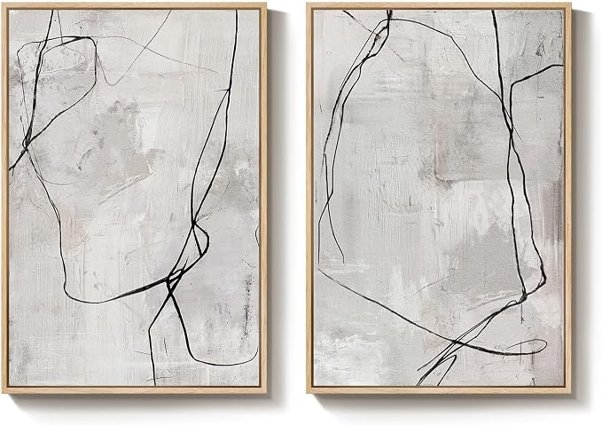 Framed Gray Abstract Wall Art for Living Room, Large Set of 2 Modern Minimalist Canvas Artwork for Walls, Contemporary Black Line Paintings Prints Wall Decor for Bedroom Dining Room Hallway, 24x36 In