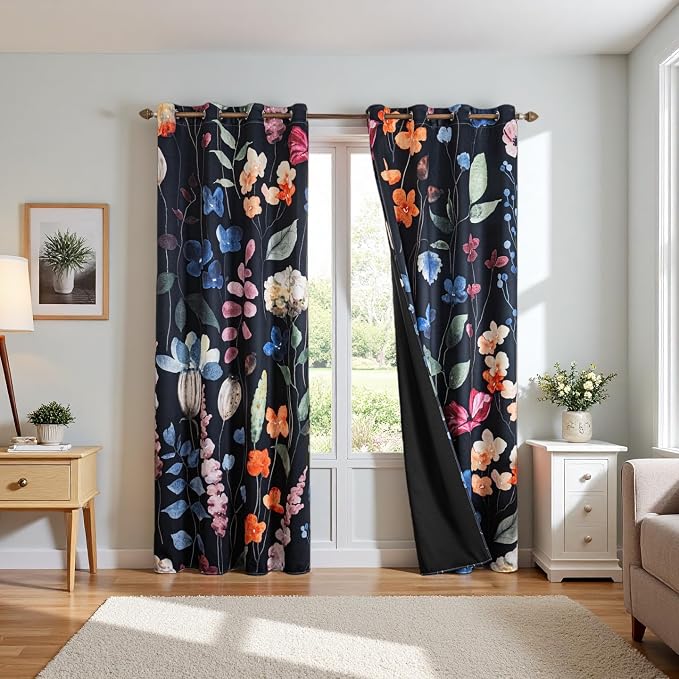 Floral Blackout Curtains 84 inch length 2 Panels Set Rustic Vintage Flowers Botanical Leaf Print Patterned Black Out Curtains Thermal Insulated Darkening Window Drapes for Bedroom Living Room 52x84 in