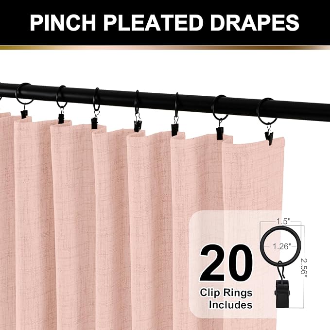 100% Blackout Shield Full Blackout Curtains for Bedroom 90 inch Length 2 Panels Set, Clip Rings/Rod Pocket Faux Linen Black Out Curtains for Living Room, Thermal Insulated, 50Wx90L, Blush Pink