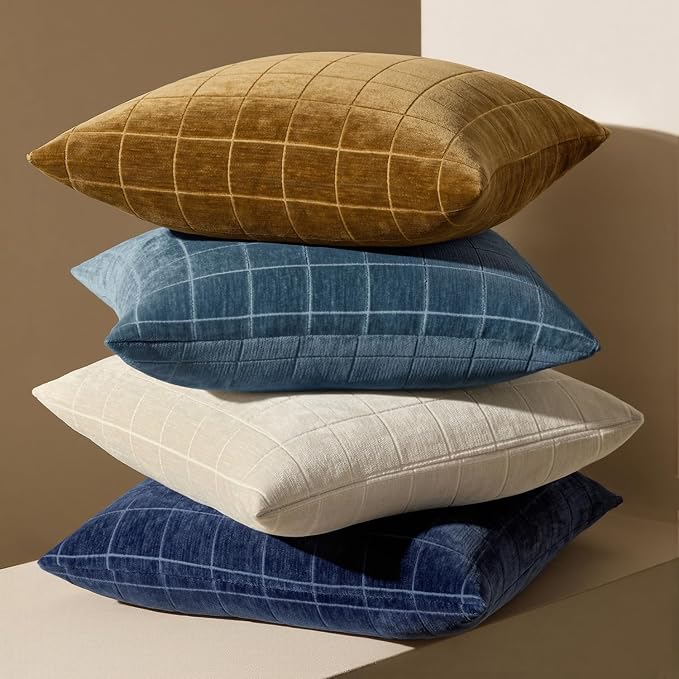 MIULEE Blue Plaid Decorative Throw Pillow Covers 20x20 Set of 2 | Vintage Check Chenille Couch Pillows Neutral Boho Farmhouse Cushion Covers Modern Home Decor for Sofa Bed Living Room
