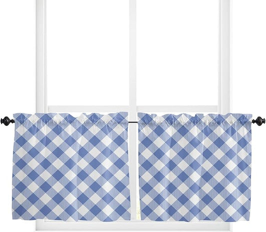 24 Inch Long Tier Curtains for Kitchen, Pastoral Style Blue Lattice Bathroom Window Curtains Rod Pocket Short Curtains Window Treatment Tiers for Living Room Farmhouse 2 Panels