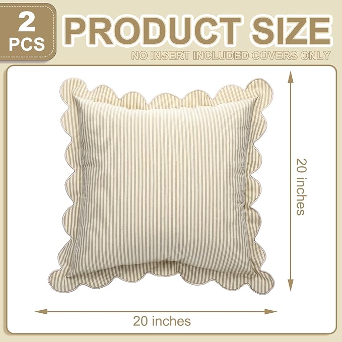 Newwiee 2 Pack Scalloped Pillow Cover 20 x 20 Inch Beige Stripe Throw Pillow Cover Cotton Decorative Pillowcase for Women Men Couch Living Room Cushion Indoor Outdoor Decoration