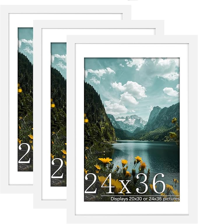 Picrit 24x36 Picture Frame 3 Pack, White Poster Frame, Display Poster 20 x 30 with Mat or 24 x 36 without Mat for Horizontal or Vertical Wall Mounting