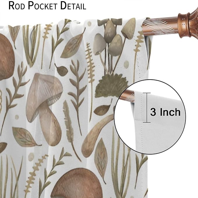 Watercolor Mushroom Curtains, Rustic Vintage Country Wild Mushroon Plants Leaves Print Blackout Window Drapes for Home Kitchen Bedroom Livingroom, 55" W X 63" L