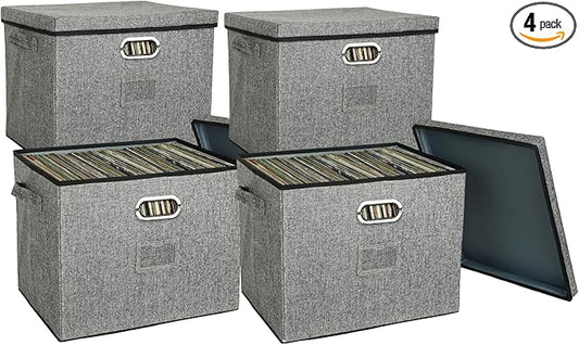 12-Inch Vinyl Record Storage Boxes with Lids and Handles, Stylish and Practical LP Record Organizer for 100+ Single Records, Suitable for Living Room, Study, Concert Hall or Office,4-Pack