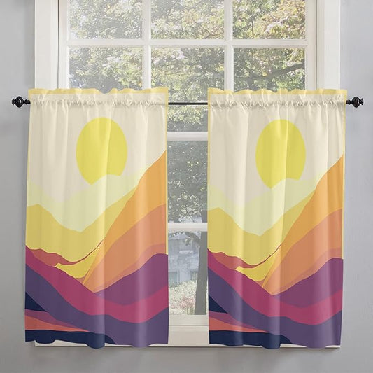 Kitchen Tier Curtains 54 inches Long, Sunset Mountain Yellow Beautiful Abstract Painting Window Curtains for Living Room Bath,Rod Pocket Light Filter Drapes Short Half Window Treatment Tiers 2 Panels