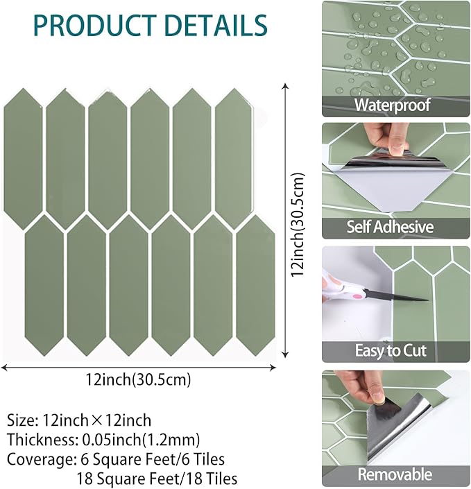 VaryStyle Sage Green Backsplash Tile Peel and Stick Kitchen Backsplash Long Hexagon Wall Tiles Self Adhesive Sticky Waterproof Vinyl Mosaic Back Splashes Stickers for Shower Walls Stove 12"x12" 18PCS