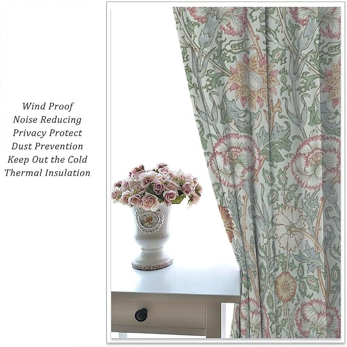 William Morris Floral Window Curtains, Watercolor Vintage Flower Art Style Blackout Window Treatments, for Bedroom Living Room 21(W)*54(L) 2 Panels
