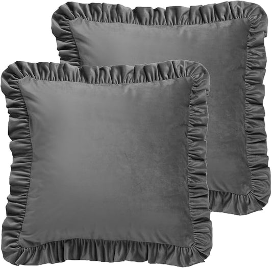 ISAENNE Vintage Gray Square Throw Pillow Covers 22"x22" Set of 2, Solid Color Farmhouse Velvet Decoration Pillow Cover with Ruffles,Throw Pillow Case for Couch Sofa Bed Living Room Car