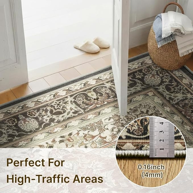 2x6 Runner Rug for Entryway Hallway-Vintage Farmhouse Boho Floral Neutral Washable Stain Resistant Indoor Rugs for Home Decor(Brick&Brown)