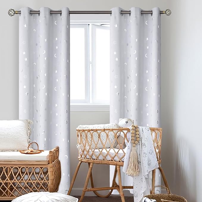 BGment Nursery Curtains for Kids Room, Star and Moon Blackout Curtains for Girls Boys Bedroom, Room Darkening Thermal Insulated Decor Window Grommet Curtains, 2 Panels, 42 x 84 Inch, Greyish White