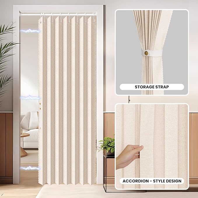 AJAZZ Set: Curtain Rods No Drilling (28-39" W) & Accordion Door Curtain, Beige 42W×78" L, Accordion Doors for Closet Doorway Room Divider