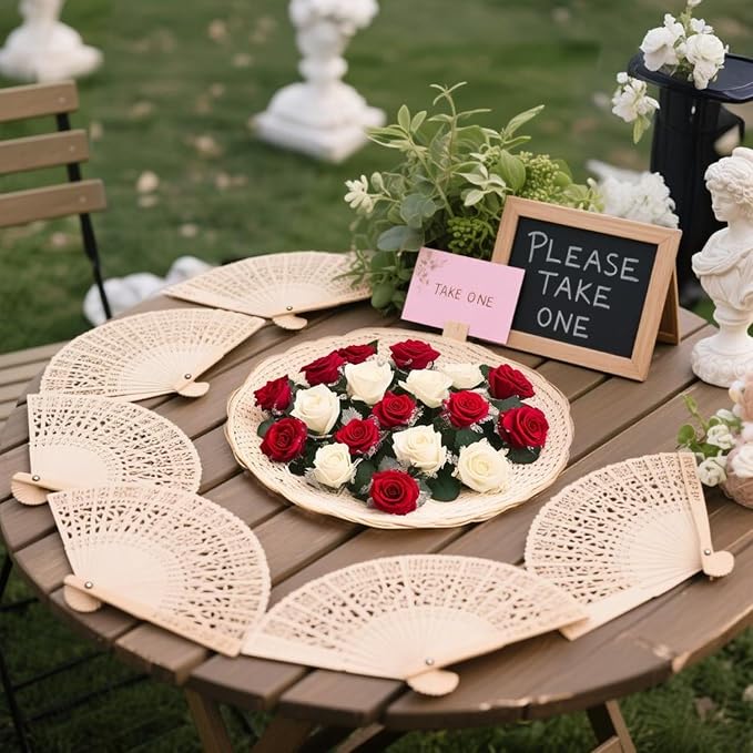 Wobe 60Pcs Sandalwood Fans Wedding Favors Hand Held Folding Fans Openwork | 8 Inch Wooden Personal Handheld Folding Fans for Wedding Party, Home Decorations, Baby Shower, Birthday
