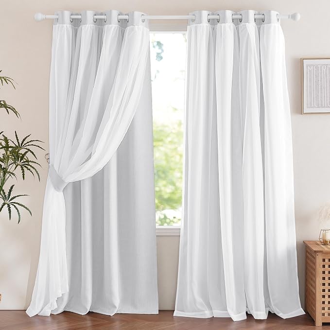 NICETOWN Double Layer Lined Curtains with Sheer Overly, Farmhouse Style Linen Blend Light Filtering Room Darkening Curtains for Kids Room, Bedroom Curtains (2 Panels, W52 x L84, Greyish White)