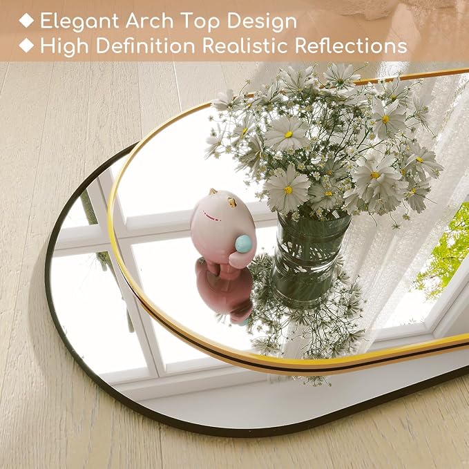 Prywot Arched Full Length Mirror, 64"x21" Free Standing Floor Mirror, Modern Full Body Mirrors with Stand, Wall Mirrors with Aluminum Alloy Frame for Bedroom,Living Room, Gold