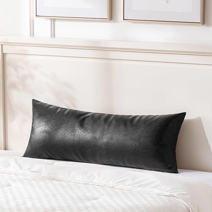 Fancy Homi Black Boho Lumbar Faux Leather Long Body Decorative Throw Pillow Cover 12x40 Inch for Bedroom Couch Bed Sofa Bench, Thick Stylish Solid Pillowcase, Rustic Modern Farmhouse Room Decor