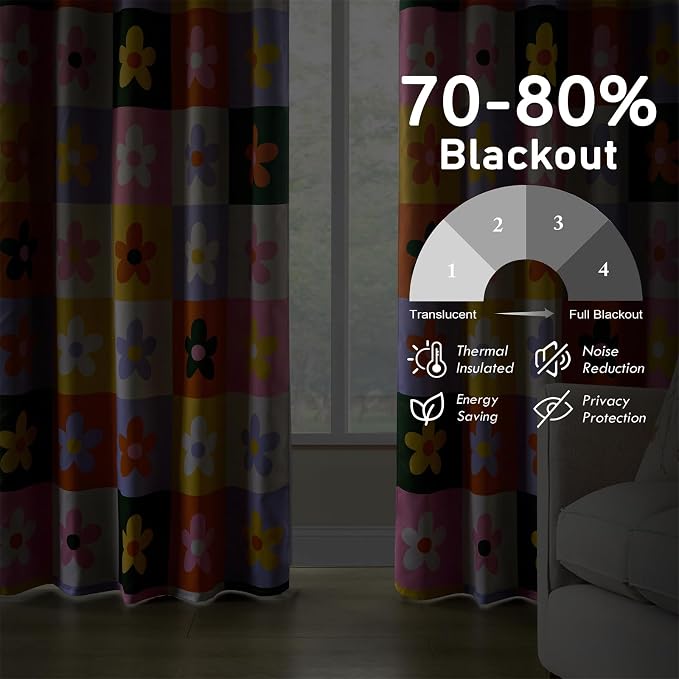 RoomTalks Checkered Floral Blackout Window Curtains for Bedroom Living Room 84 Inches Length 2 Panels, Colorful Retro Daisy Flowers Cute Curtain Panels Funky Aesthetic Dorm Window Drapes