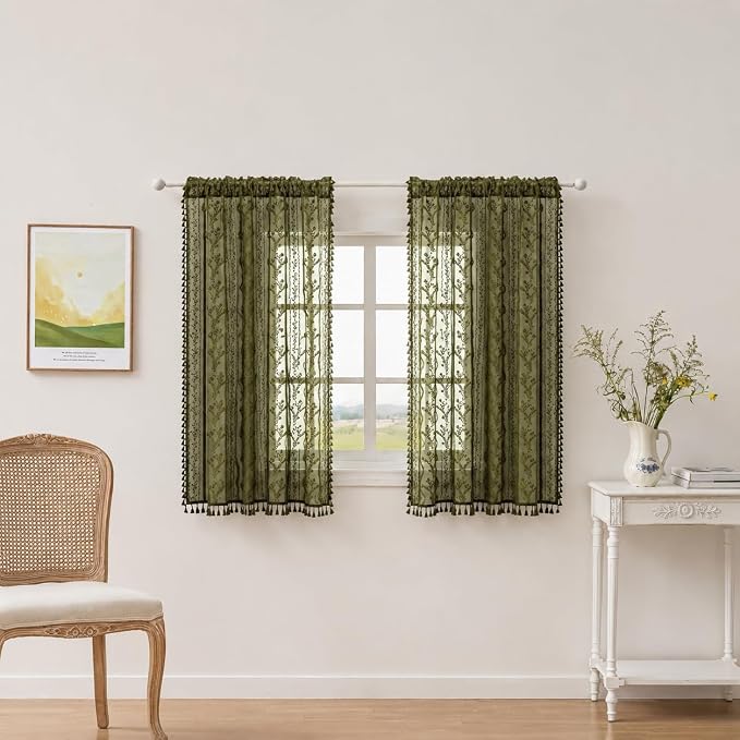 WAZZIO Boho Lace Curtains 2 Panels 63 Inch -Victorian Sheer Panel Drape French Country Floral Pattern & Tassel Light Filtering Privacy for Bedroom Dining Living Room,Coastal Decor,Olive Green,W52x L63