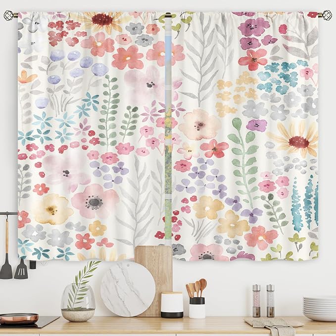 Riyidecor Colorful Floral Kitchen Curtains Short Small Pink Cute Boho Wildflower Trendy Watercolor Plant Leaves Botanical Rod Pocket Girls Bedroom Living Room Treatment Fabric 2 Panels 27.5Wx39H Inch