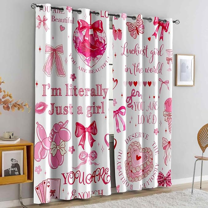 LUVIVIHOME Pink Bow Curtains, Cute Preppy Coquette Blackout Curtains for Girls Bedroom Living Room, Butterfly Floral Bowknot Girly Room Decor, Inspirational Gifts for Women, 2 Panel Sets, 52x63 Inch