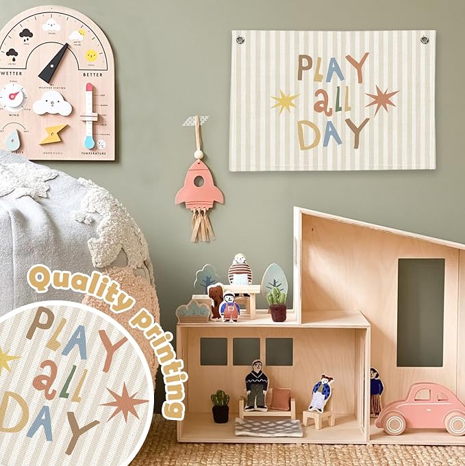 RTXLEZM Playroom Wall Decor,Play All Day Canvas Banner Hanging | Neutral Striped Play Room Wall Art for Kids Little Toddler Boy Girl Nursery Room Bedroom Playroom Classroom Decor 20x30