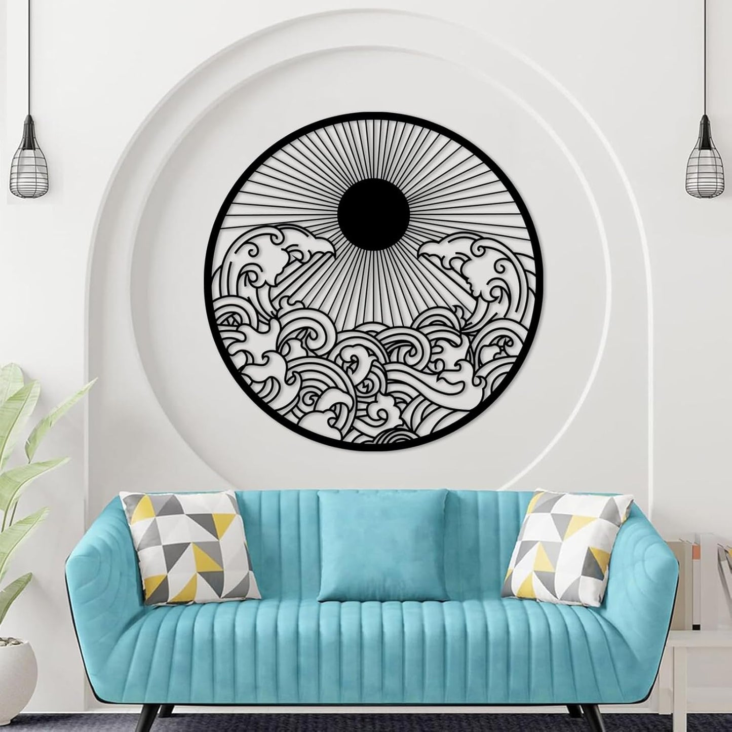 flyoak Metal Sun Wall Decor Outdoor, Sunrise Metal Wall Art, Metal Wave Wall Art, Sunrise and Wave Wall Decor, Sunburst Wall Art, Sunset Wall Art, Wall Hangings for Bedroom (Black, 19x19in|47x47cm)