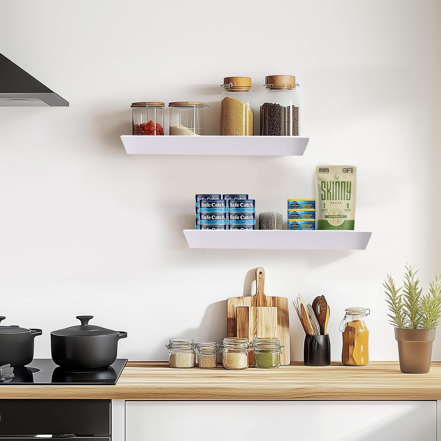 16"x6.8"x1.6" Slanted Floating Wall Shelves 2-Pack - Rustic White Finish, Heavy-Duty Solid Wood Design with Hidden Brackets - Perfect for Living Room, Kitchen, Bathroom, or Office