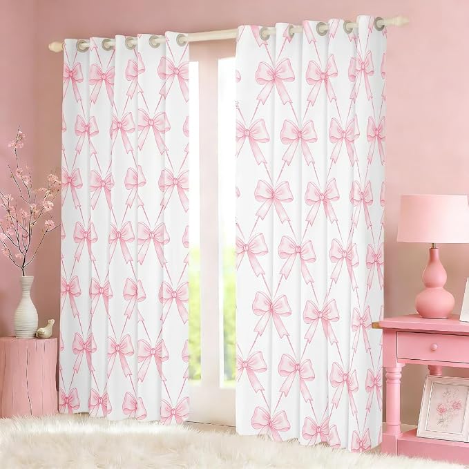 Feelyou Bow Room Darkening Blackout Curtain Boys Girls (2 Panels, 38 x 54 Inch) Pink Girls Bow Curtains for Bedroom Living Room Cute Bowknot Blackout Curtains Kawaii Window Treatments