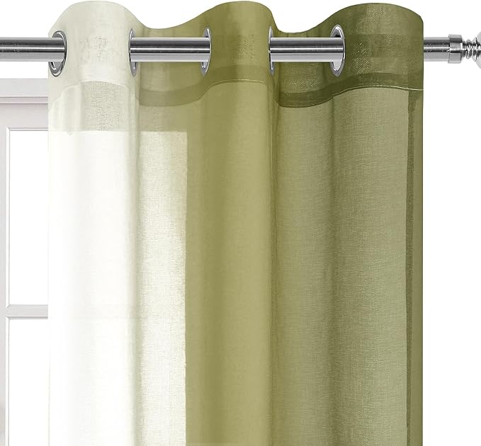 DWCN Olive Green Ombre Sheer Curtains - 84 inches Long Faux Linen Gradient Semi Voile Curtains for Bedroom and Living Room, Set of 2 Grommet Top Window Curtain Panels, 42 x 84 Inches Long