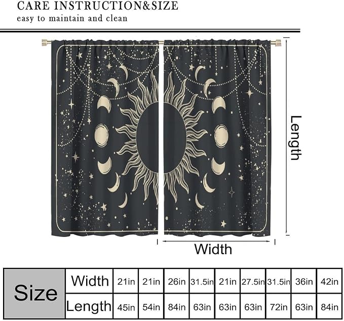 Golden Sun Moon Phases Stars Blackout Curtains, Cosmic Galaxy Bohemian Print Window Drapes, for Bedroom Living Room 63" W X 63" L